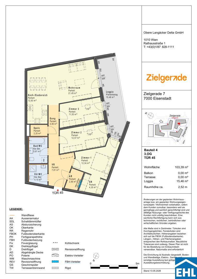 Grundriss einer 3-Zimmer-Wohnung mit Loggia und offenem Wohn-Essbereich.