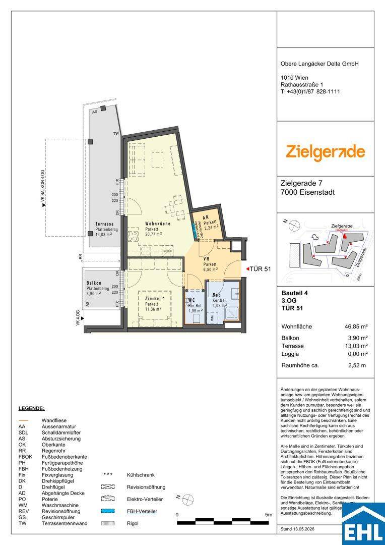 Detaillierter Grundriss einer Wohnung mit Balkon, Terrasse und Loggia, Gesamtfläche 46,85 m².