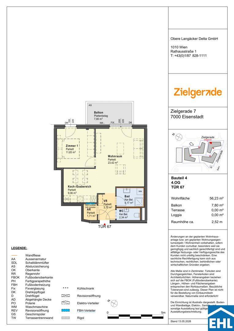 Grundriss einer Wohnung mit einem Schlafzimmer, Wohnraum, Bad und Balkon.