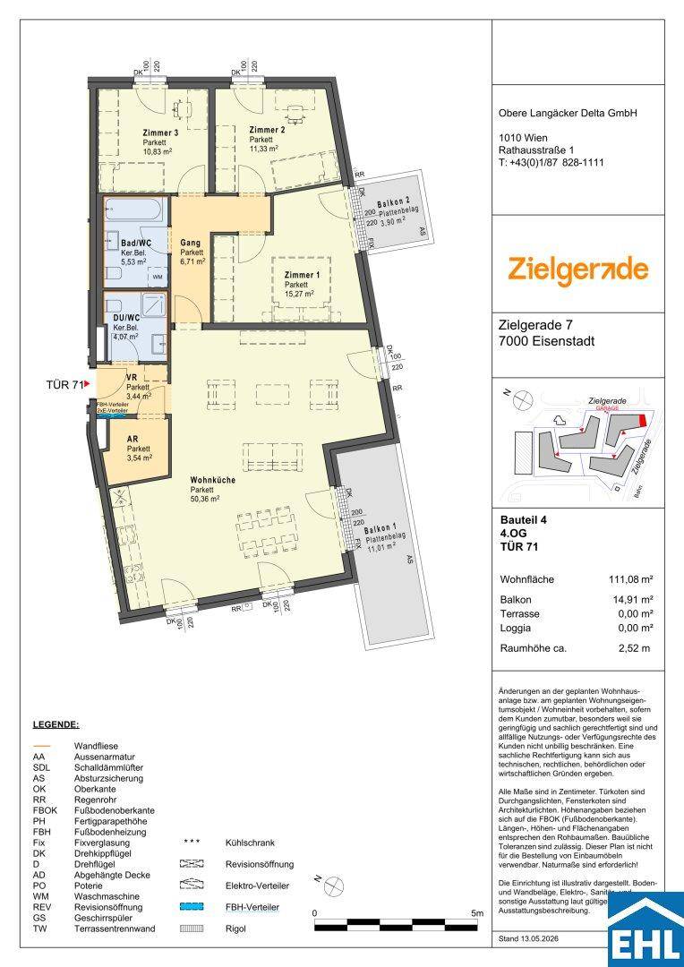 Detaillierter Grundriss einer Wohnung mit drei Zimmern, Balkon und offener Wohnküche.