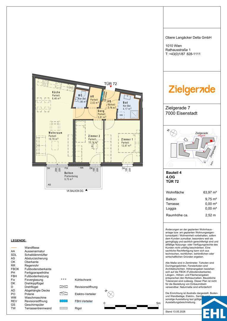 Grundriss einer 83,97 m² großen Wohnung mit Balkon und drei Zimmern.