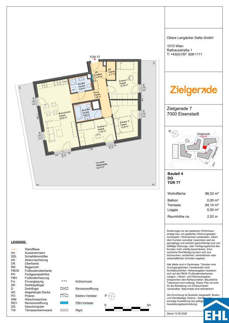 Detaillierter Grundriss einer Wohnung mit drei Zimmern, Balkon und Terrasse.