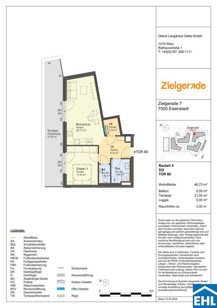 Detaillierter Grundriss einer Wohnung mit Wohnküche, Schlafzimmer und Terrasse.