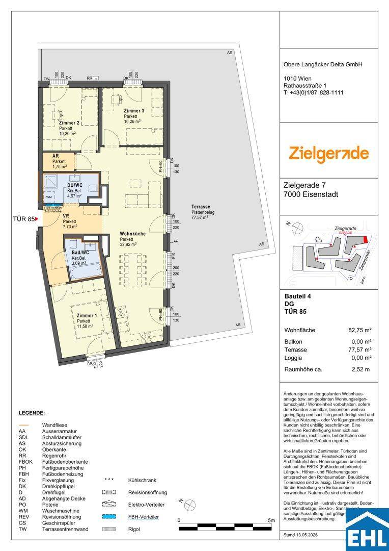 Detaillierter Grundriss einer Wohnung mit drei Zimmern, Terrasse und Loggia, Gesamtfläche 82,75 m².