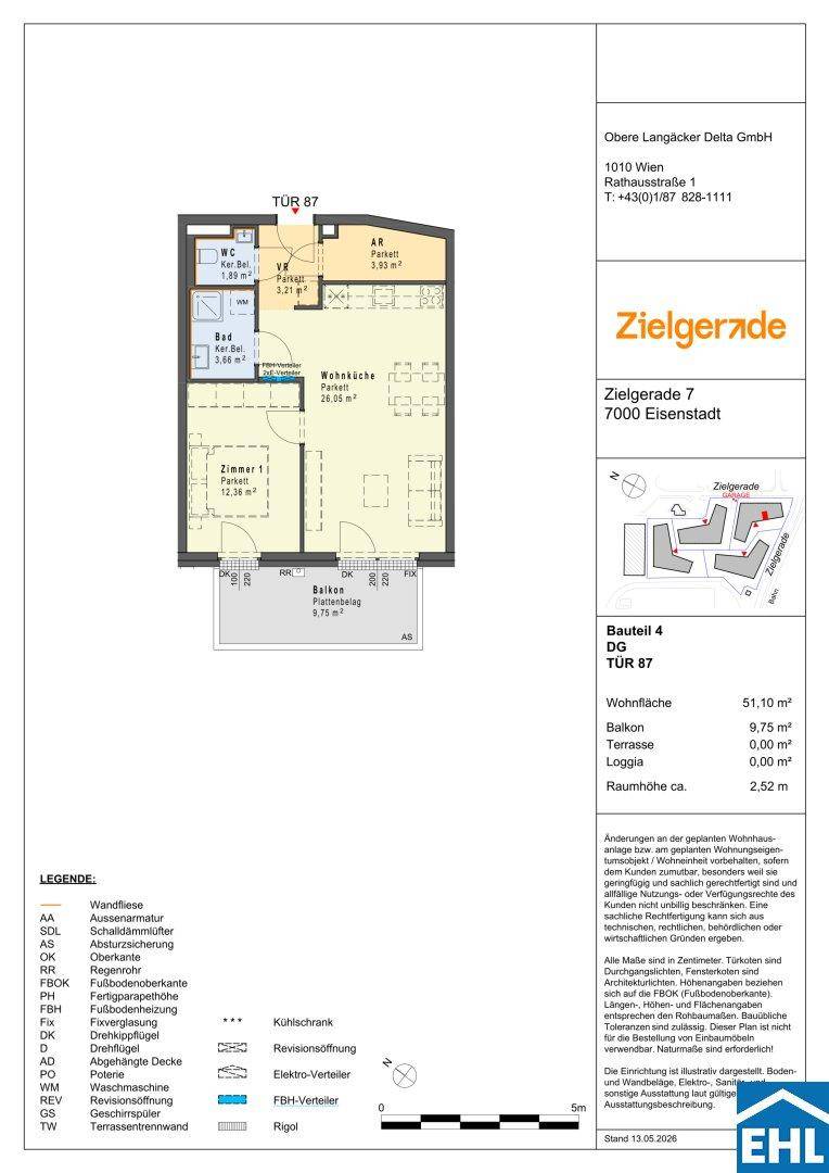 Detaillierter Grundriss einer Wohnung mit Balkon, Schlafzimmer und offenem Wohnbereich.