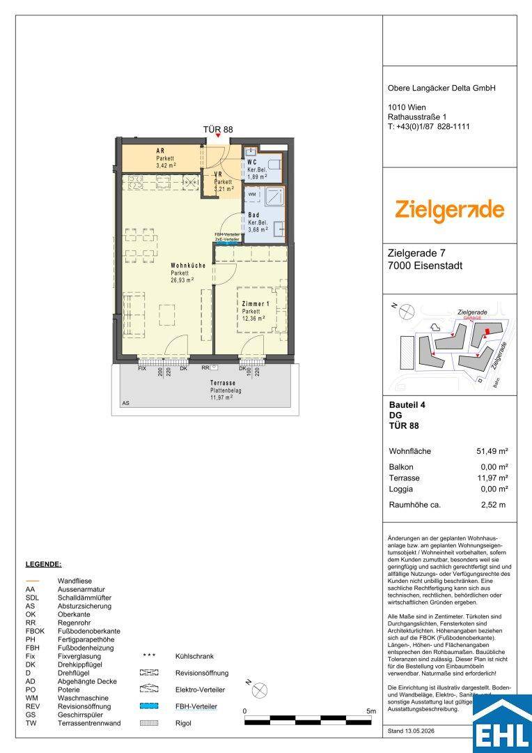 Grundriss einer 2-Zimmer-Wohnung mit Terrasse und Loggia, Gesamtfläche 51,49 m².