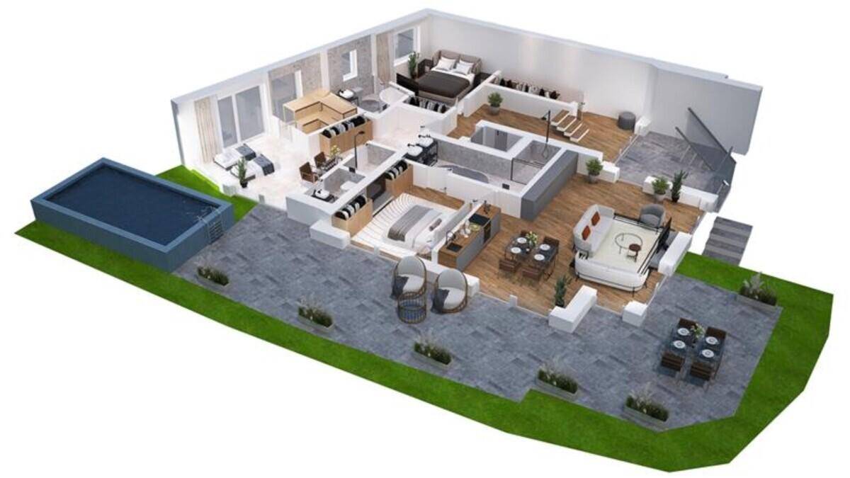 3D-Grundriss des Hauptgeschosses mit Schlafzimmern, Bädern, Pool und großzügigen Terrassenbereichen.