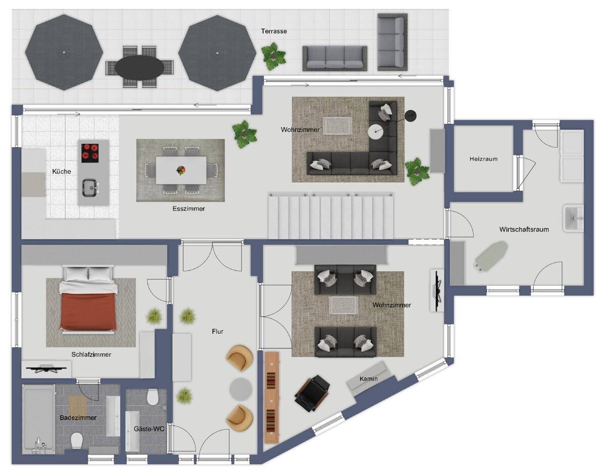Grundriss des Erdgeschosses mit offener Küche, Esszimmer, Wohnzimmer und Terrasse.
