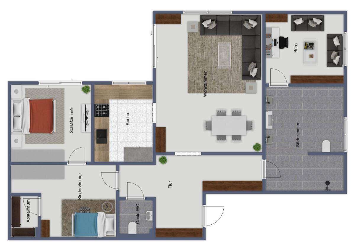 Grundriss einer Wohnung mit Wohnzimmer, Küche, Schlafzimmern und Büro.