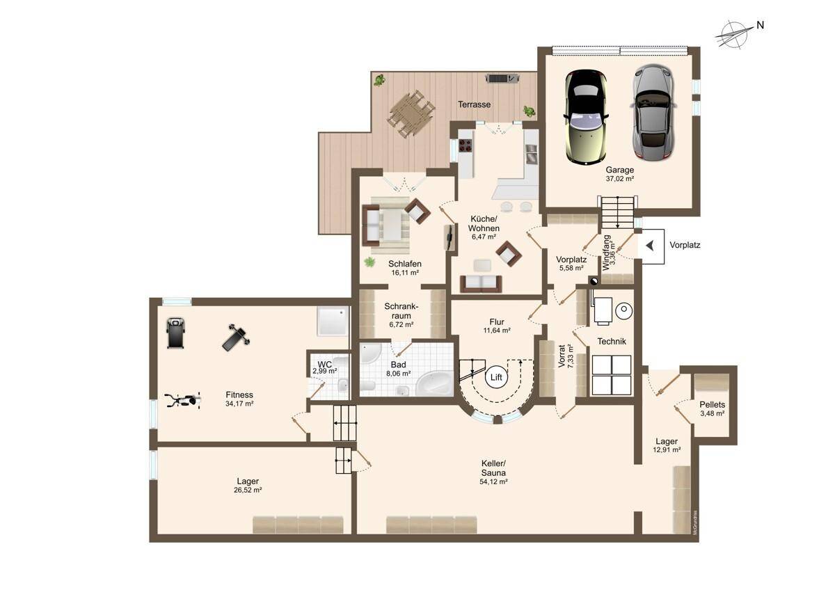 Grundriss des Untergeschosses mit Fitnessraum, Sauna, Keller und Garage.