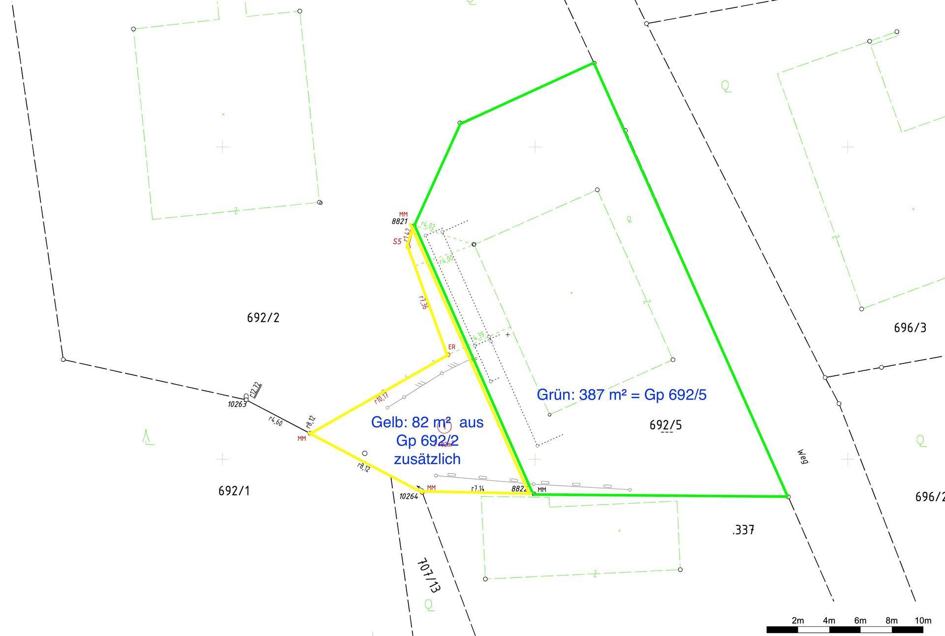 Grün: 387 m² = Gp 692/5 zusätzlich Gelb: 82 m² aus Gp 692/2