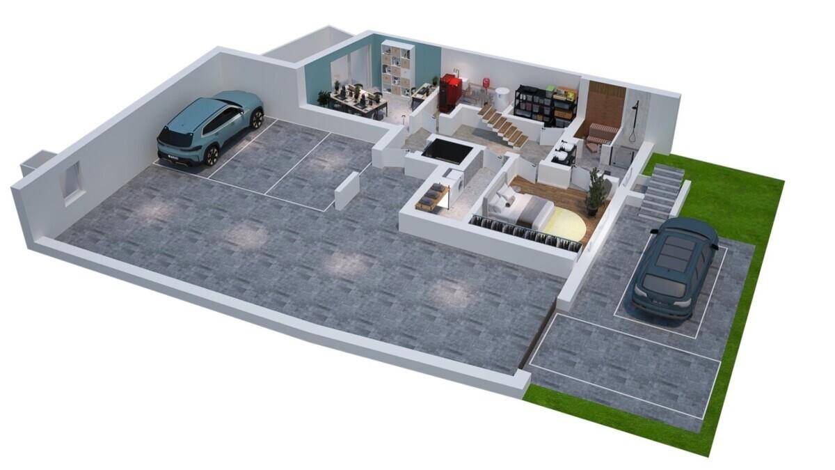 3D-Grundriss des Untergeschosses mit großer Garage, Büro und offenem Wohnbereich.