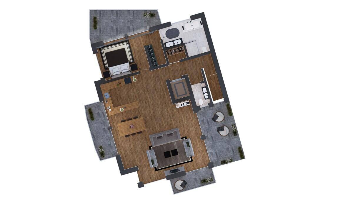 2D-Grundriss einer Wohneinheit mit offenem Wohnbereich, Küche, Schlafzimmer und großzügigen Terrassen.