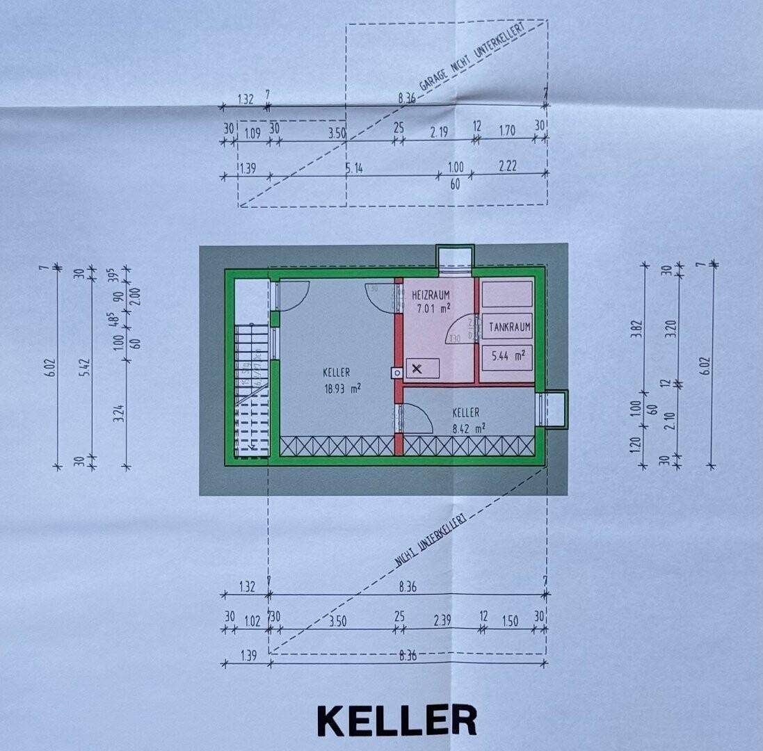 Grundriss des Kellers mit Heizraum, Tankraum und weiteren Abstellräumen.