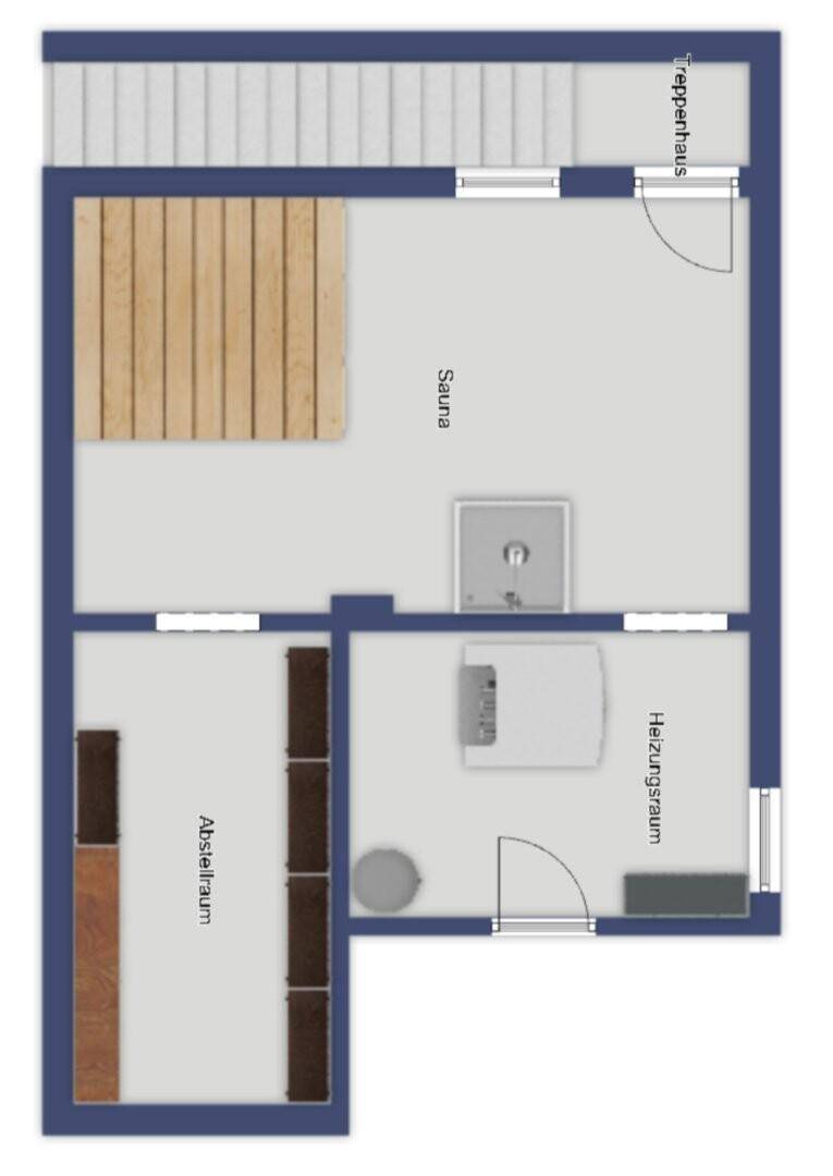 Grundriss des Untergeschosses mit Sauna, Heizungsraum und Abstellraum.