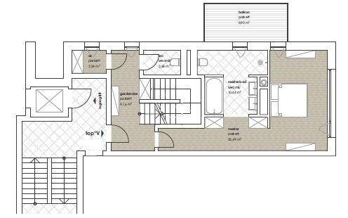 Detaillierter Grundriss des Untergeschosses mit Schlafzimmer, Bad und Balkon.