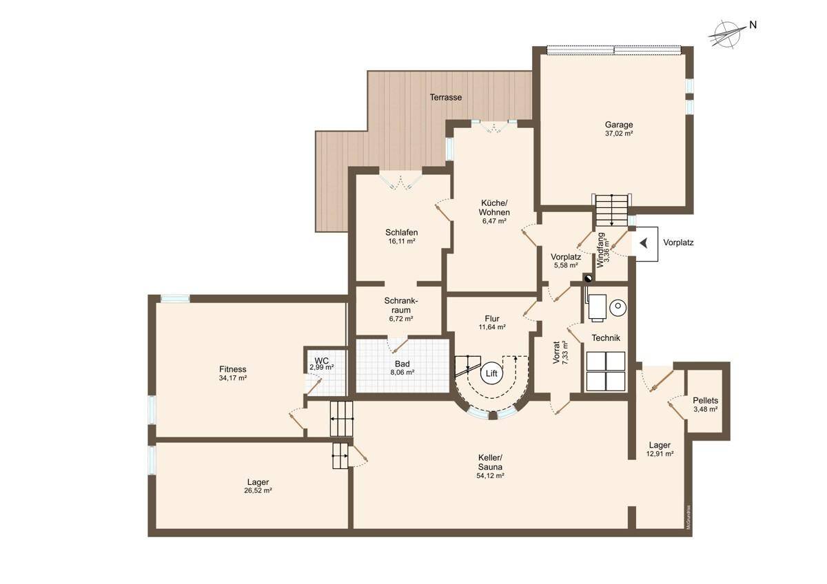 Detaillierter Grundriss des Untergeschosses mit Fitnessbereich, Sauna und Doppelgarage.