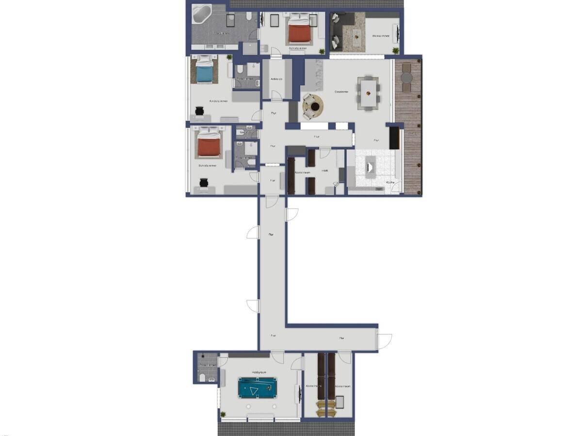 Detaillierter Grundriss der Immobilie mit mehreren Zimmern und Außenbereichen.