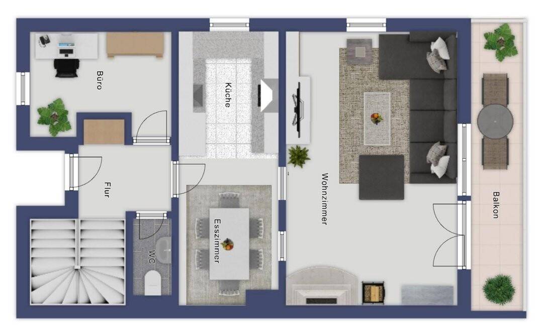Grundriss des ersten Obergeschosses mit Büro, Küche, Esszimmer und Balkon.