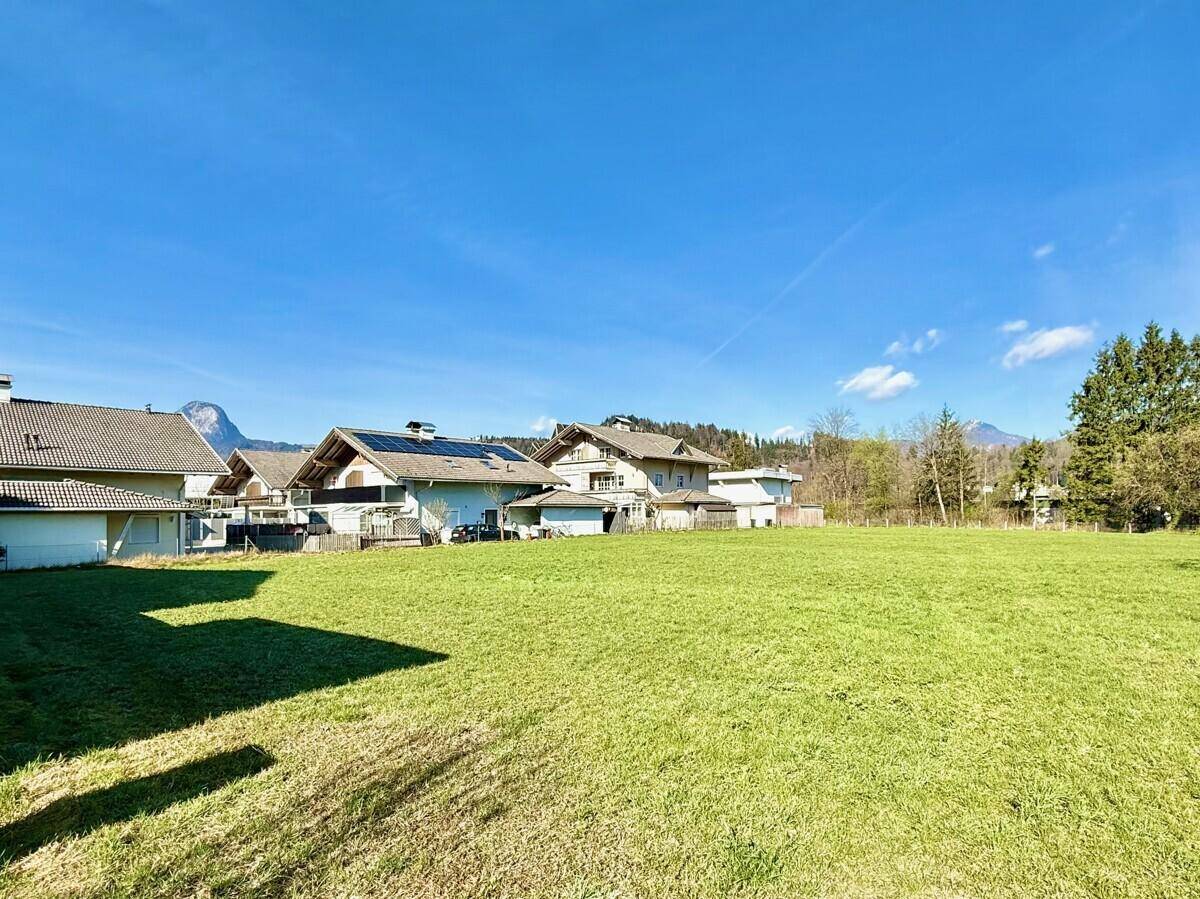 Weitläufige grüne Wiese mit Häusern und Bergen im Hintergrund unter blauem Himmel.