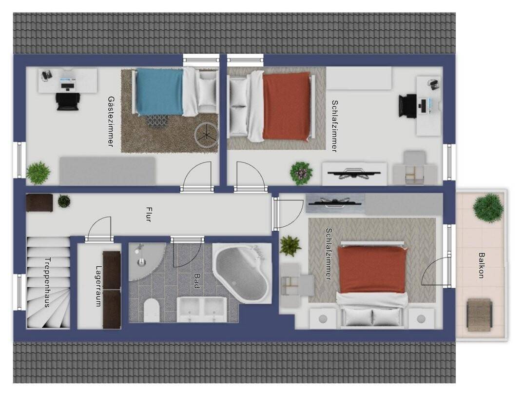 Grundriss des zweiten Obergeschosses mit mehreren Schlafzimmern, Bad und Balkon.