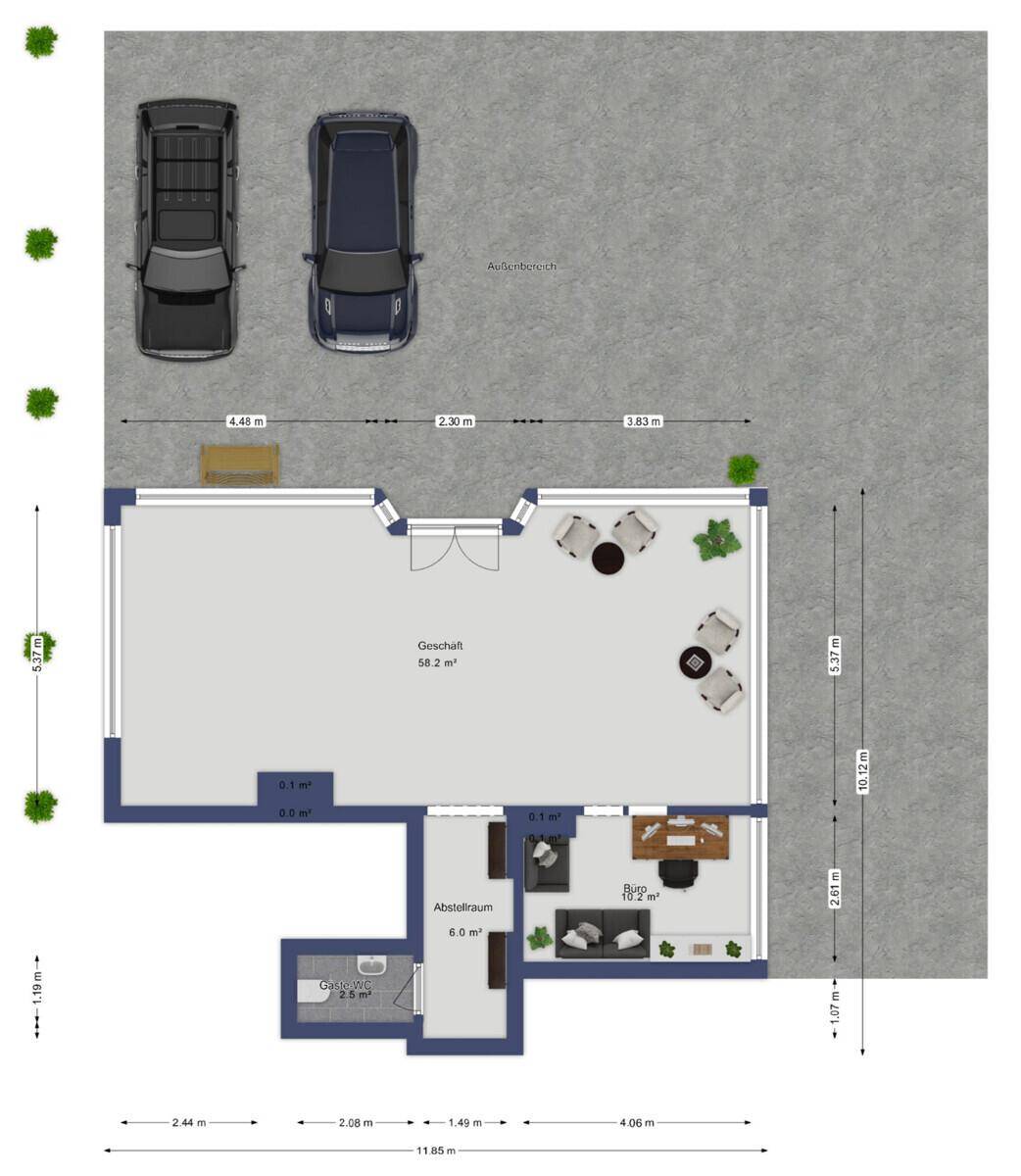 Detaillierter Grundriss mit Flächenangaben für Geschäftsraum, Büro und Abstellraum.