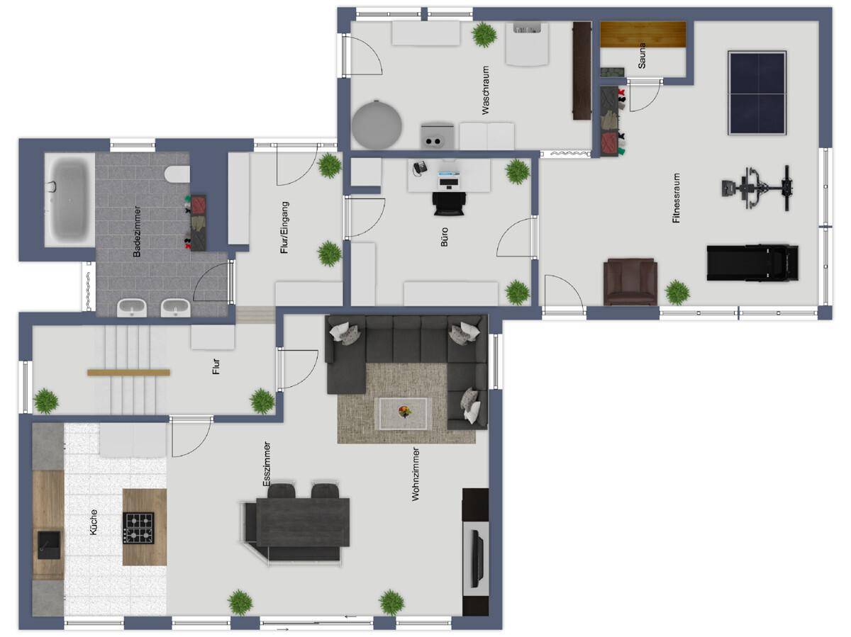 Grundriss des Erdgeschosses mit offener Küche, Essbereich, Wohnzimmer und Büro.
