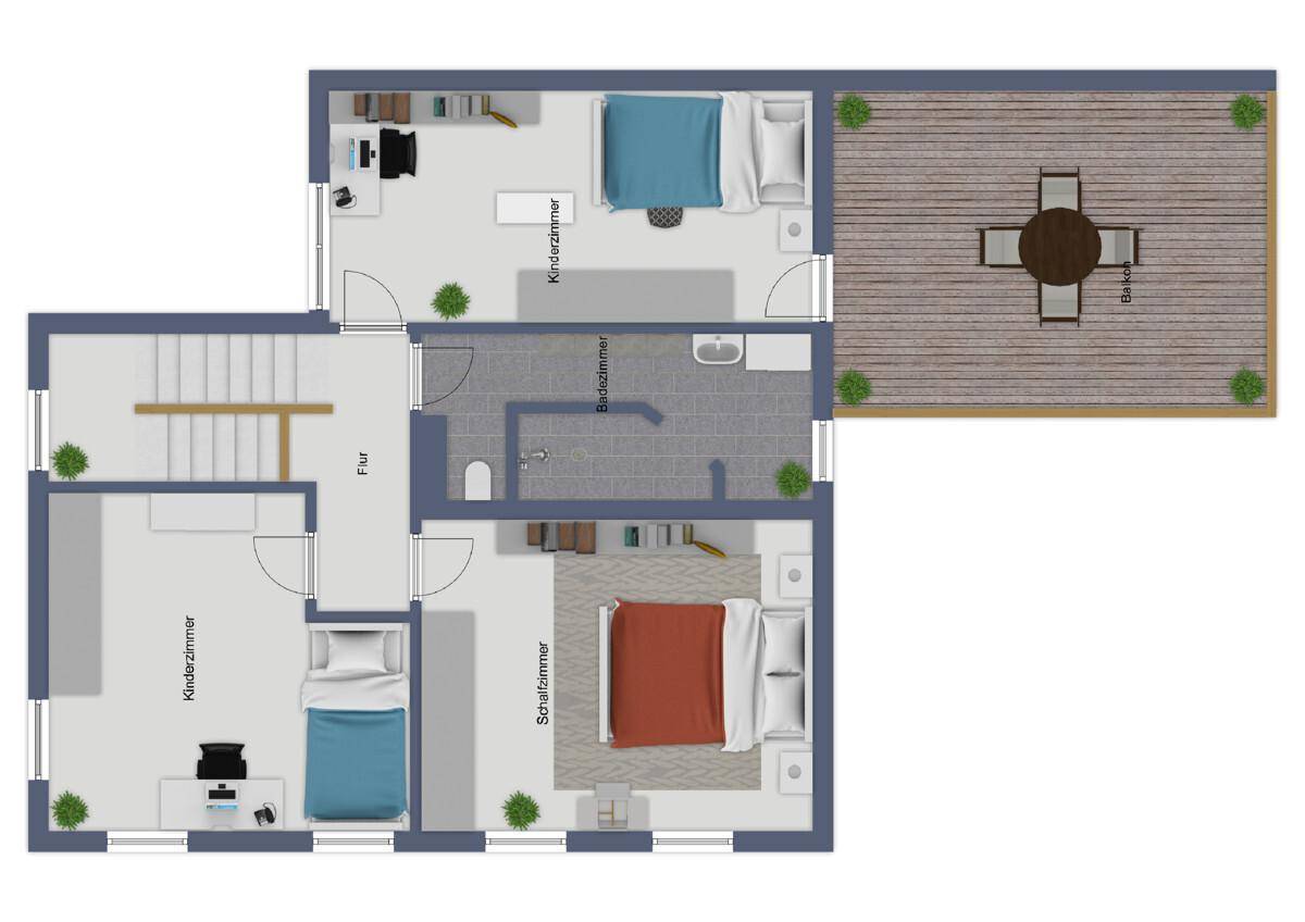 Grundriss des Obergeschosses mit Schlafzimmern, Badezimmer und Balkon.