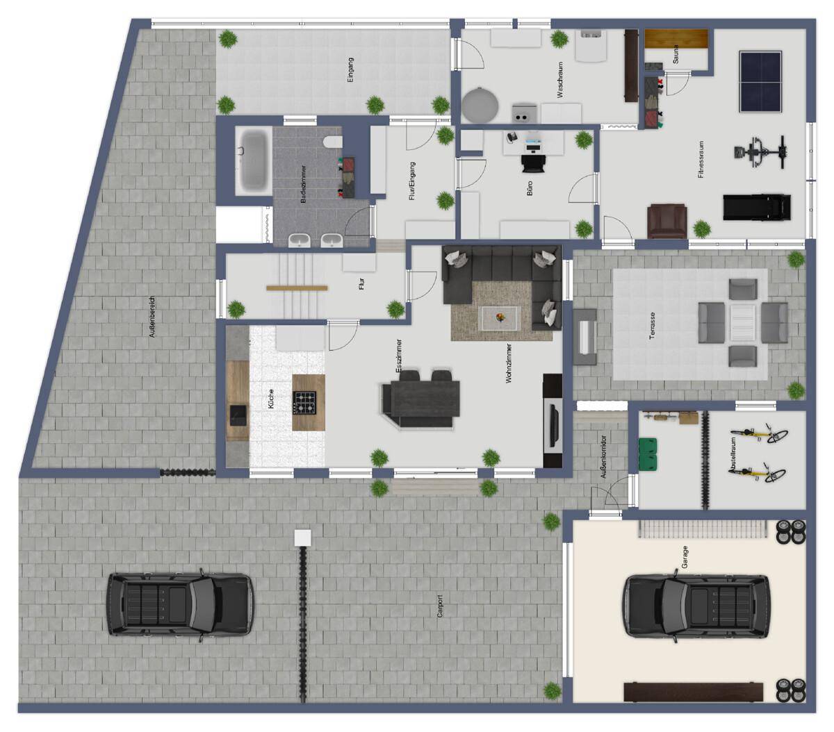 Detaillierter Grundriss des Erdgeschosses mit Küche, Wohnzimmer, Terrasse und Garage.