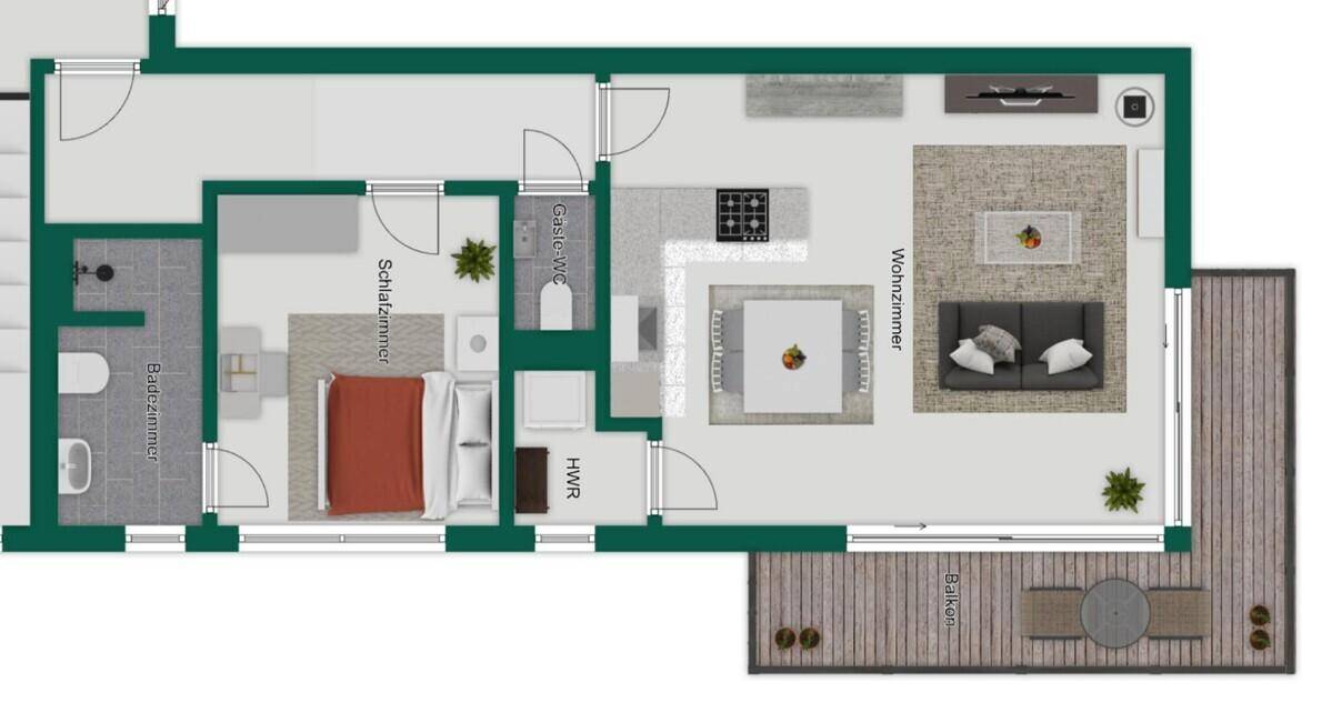 Grundriss einer Wohnung mit Schlafzimmer, Bad, Gäste-WC und offenem Wohnbereich mit Balkon.