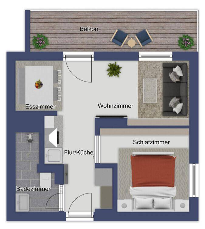 Grundriss einer Wohnung mit Balkon, Wohnzimmer, Esszimmer, Schlafzimmer und Bad.