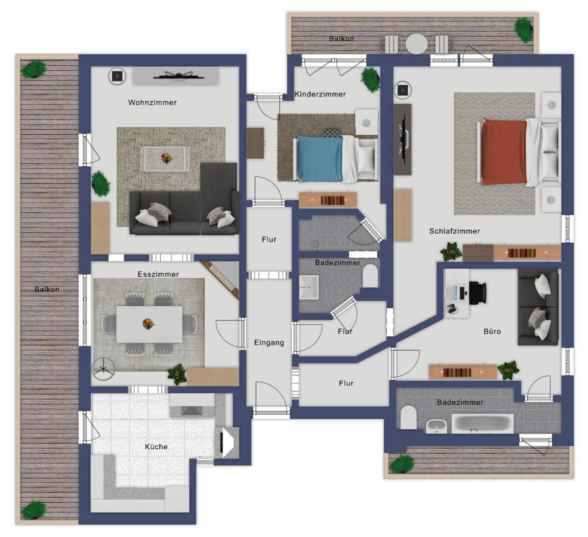 Detaillierter Grundriss einer Wohnung mit Wohnzimmer, Esszimmer, Küche, Schlafzimmern und Balkonen.