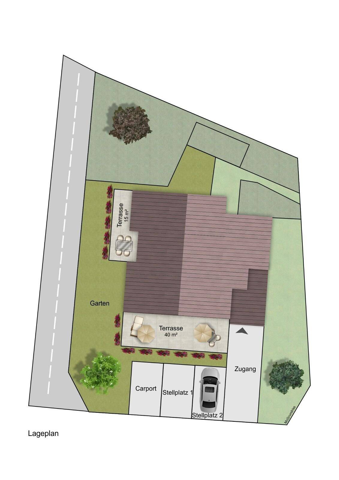 Lageplan des Grundstücks mit zwei Terrassen, Gartenbereich, Carport und zwei Stellplätzen.