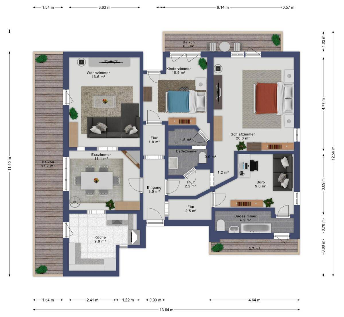 Detaillierter Grundriss einer Wohnung mit Wohnzimmer, Esszimmer, Küche, drei Schlafzimmern, zwei Bädern und zwei Balkonen.