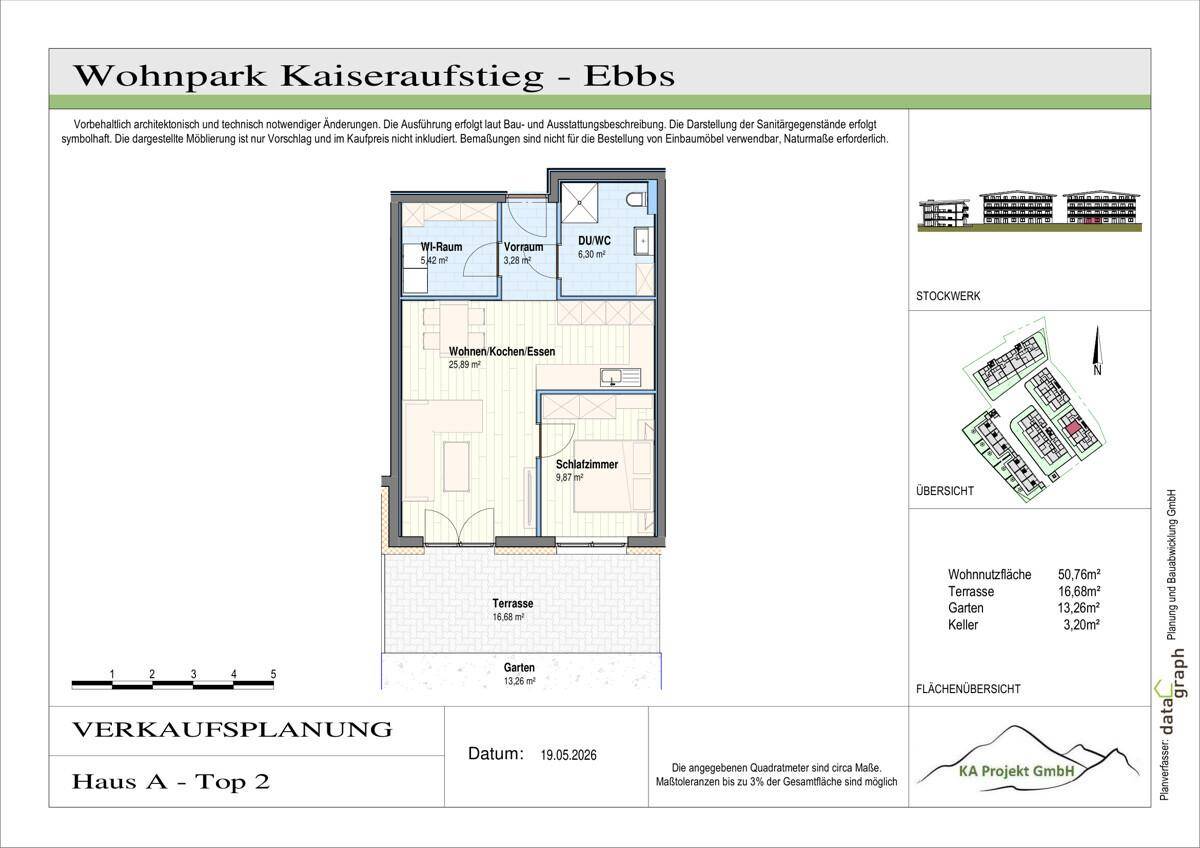 Grundriss von Haus A, Top 2, mit offenem Wohn-Essbereich, Schlafzimmer, Bad und Terrasse.