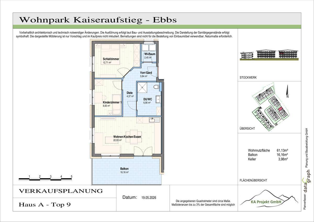 Grundriss für Haus A, Top 9, mit Schlafzimmer, Kinderzimmer, offenem Wohnbereich und Balkon.
