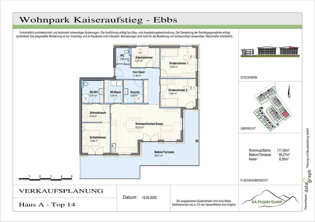Verkaufsplanung für eine Wohnung mit drei Schlafzimmern, offenem Wohnbereich und Balkon/Terrasse.