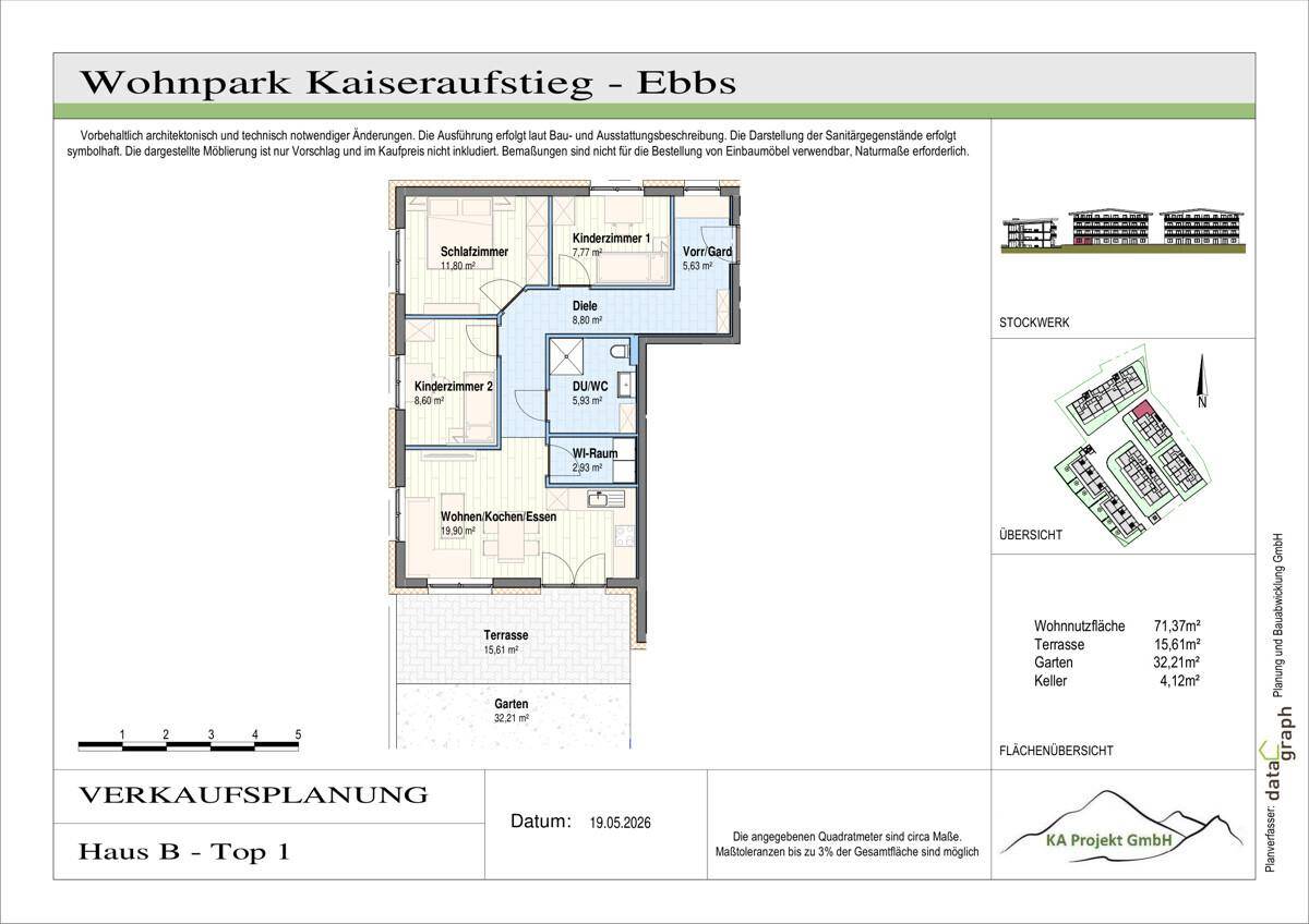 Grundriss von Haus B - Top 1 mit Wohn-/Koch-/Essbereich, zwei Kinderzimmern, Schlafzimmer und Terrasse.