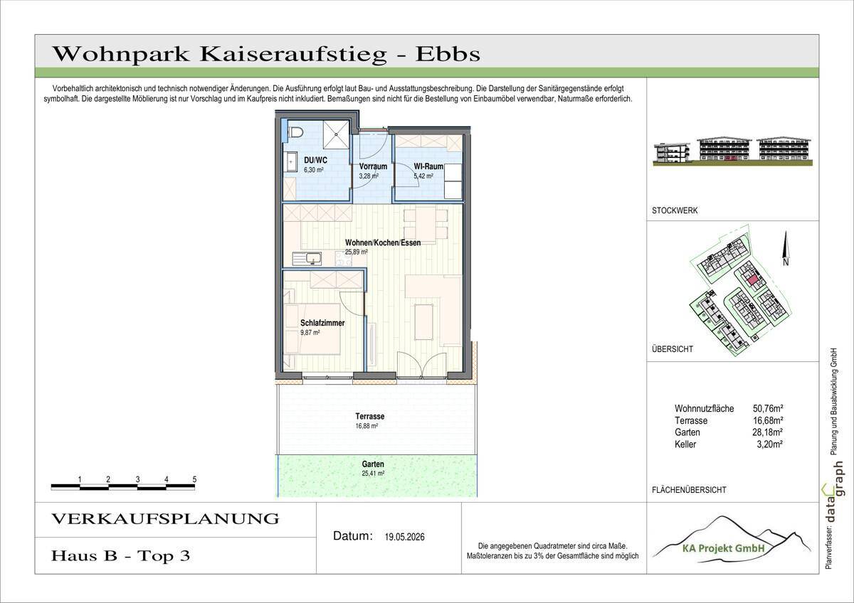 Grundriss der Wohnung Haus B - Top 3 mit Schlafzimmer, Wohnküche, Terrasse und Garten.