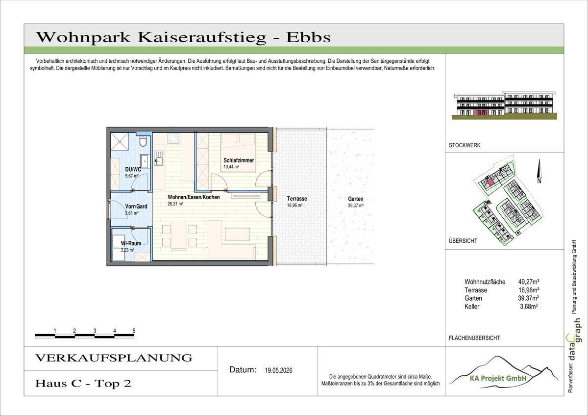 Grundriss für Haus C, Top 2, mit Wohn-Essbereich, Schlafzimmer und Terrasse.