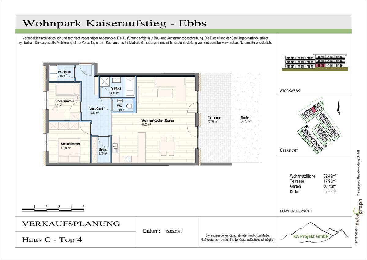 Detaillierter Grundriss von Haus C, Top 4, mit Terrasse und Garten sowie Raumaufteilung.