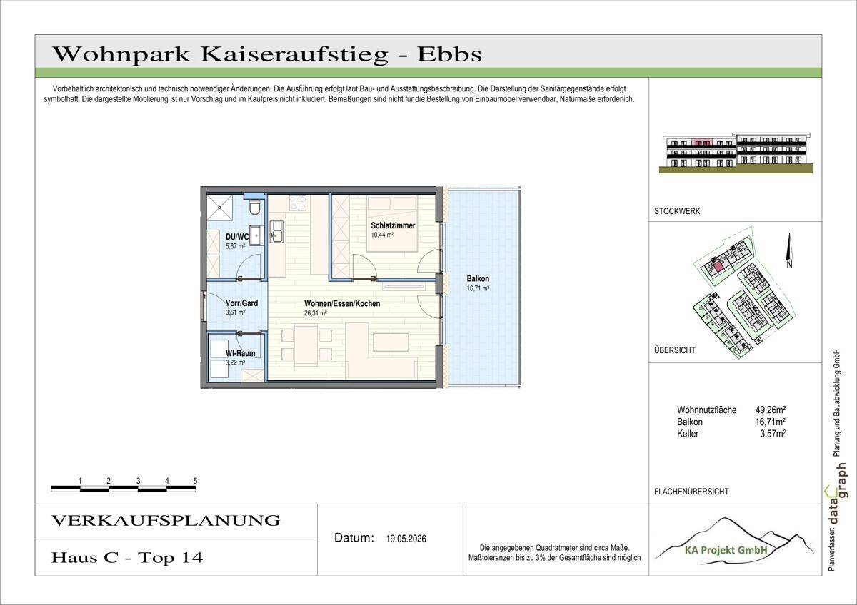 Grundriss der Wohnung Haus C - Top 14 mit Wohn-Essbereich, Schlafzimmer und Balkon.