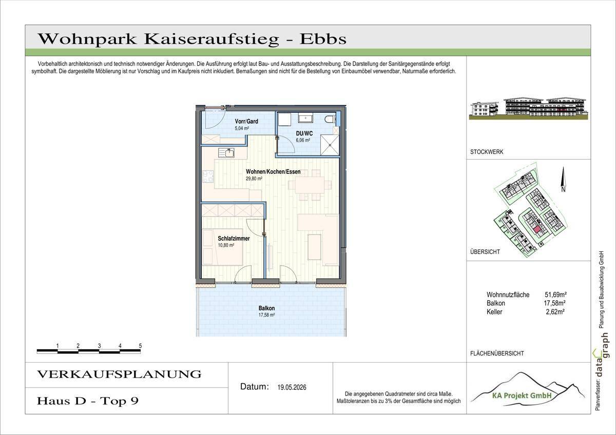 Grundriss der Wohnung Haus D - Top 9 mit Balkon, Schlafzimmer und Wohnküche.