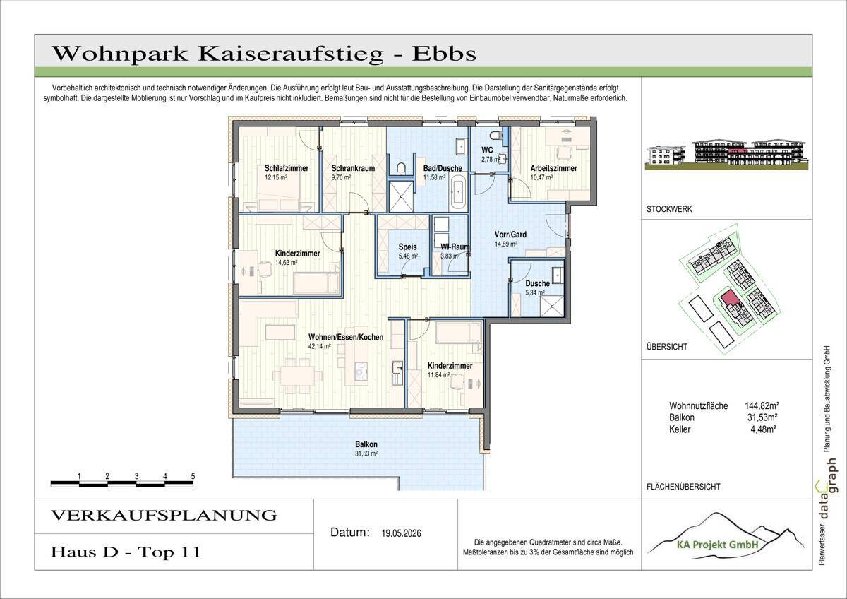 Detaillierter Grundriss einer Wohnung mit mehreren Zimmern und Balkon.