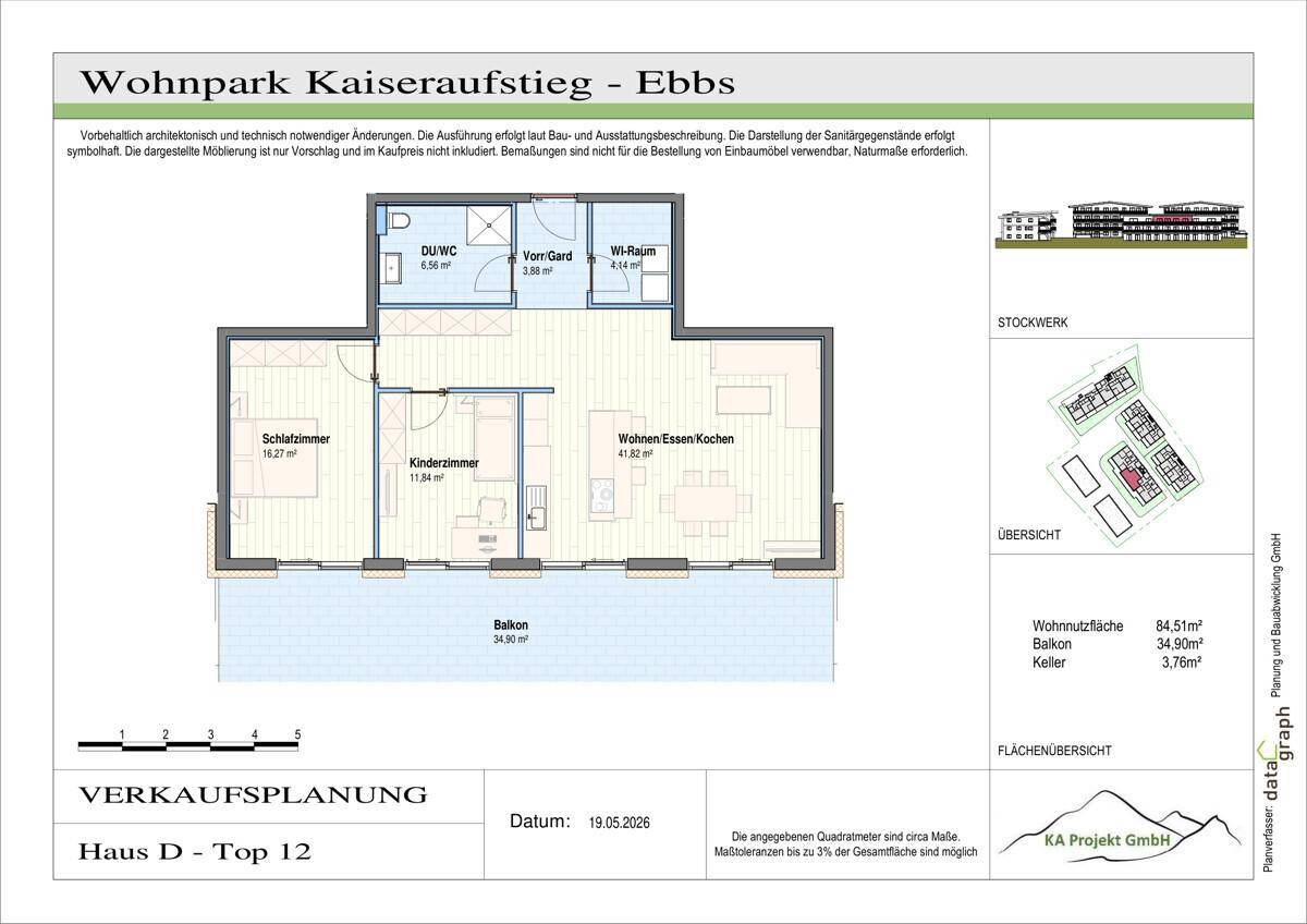 Grundriss der Wohnung Haus D, Top 12, mit Balkon und drei Zimmern für flexible Nutzung.