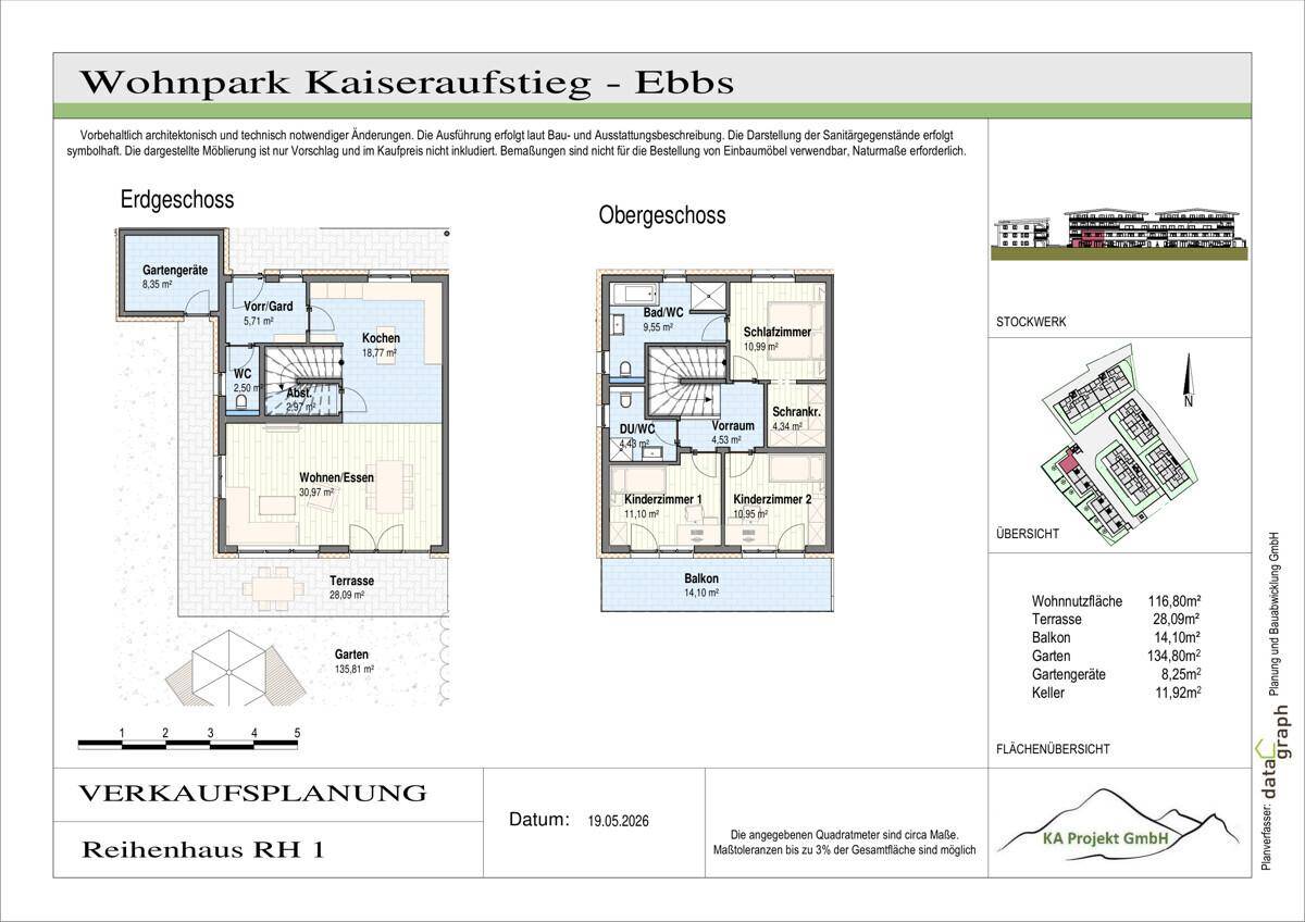 Detaillierter Grundriss eines Reihenhauses mit Erdgeschoss, Obergeschoss und Flächenübersicht.