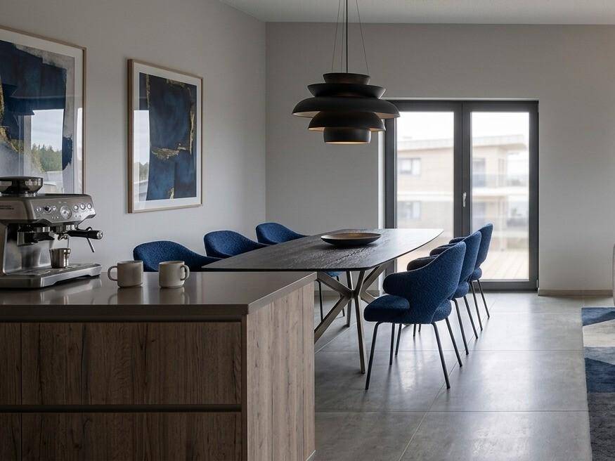 Moderner Essbereich mit langem Holztisch, blauen Stühlen und stilvoller Hängelampe.