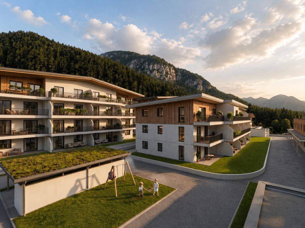 Moderne Wohngebäude in alpiner Landschaft mit begrünten Dächern und Kinderspielplatz.