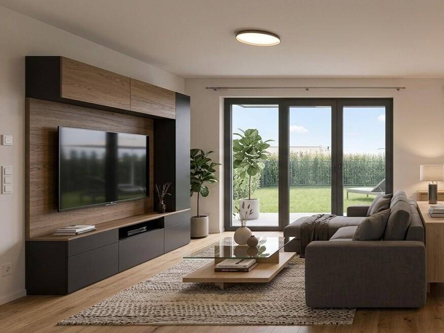 Modernes Wohnzimmer mit großem TV-Möbel, bequemer Couch und Blick in den Garten.