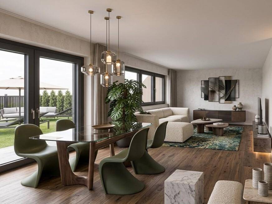 Eleganter Wohn- und Essbereich mit Holzboden, modernen Möbeln und Zugang zum Garten.